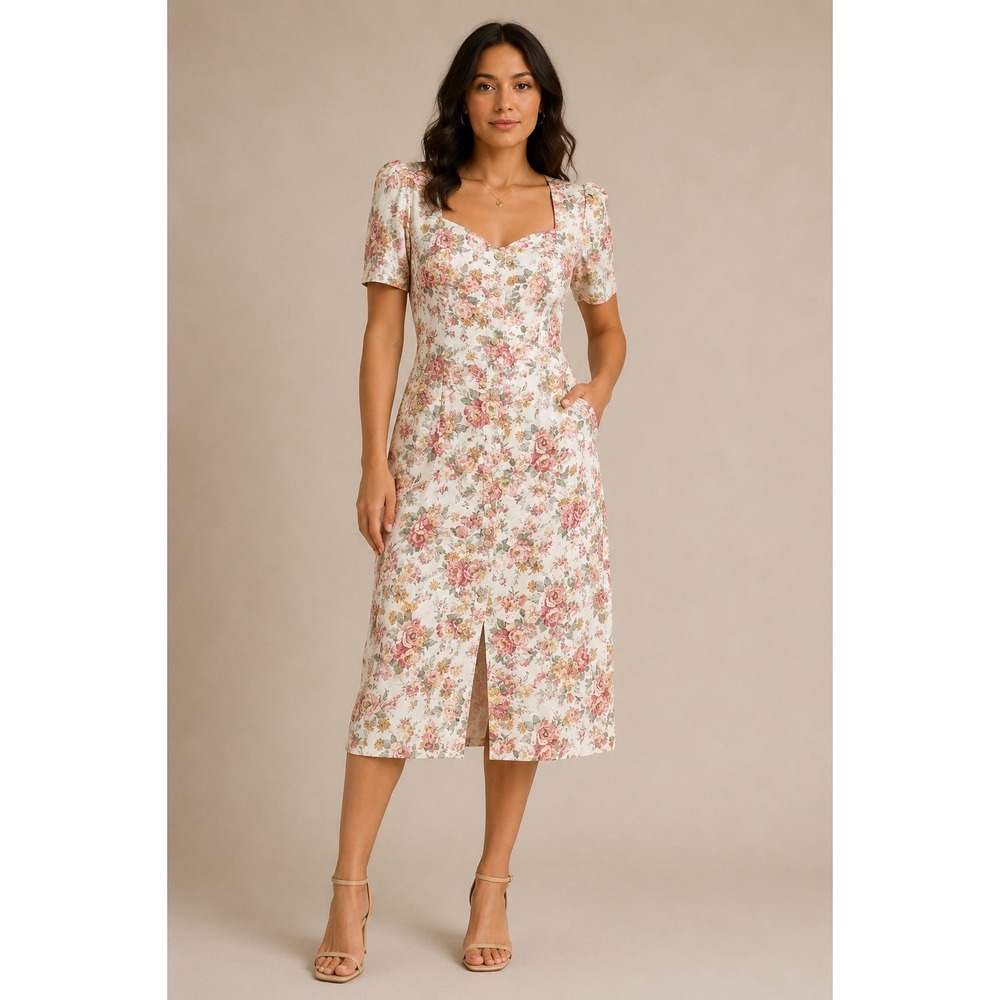 Dawn Joy‎ Fashions Floral Midi Dress Cottagecore Boho Romantic Pink Cream Small
